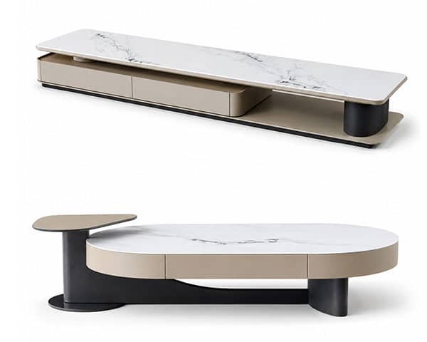 MEUBLE TV REF 7010+TABLE BASSE REF 7010 BEIG/BLANC/NOIR 220X40/130X70