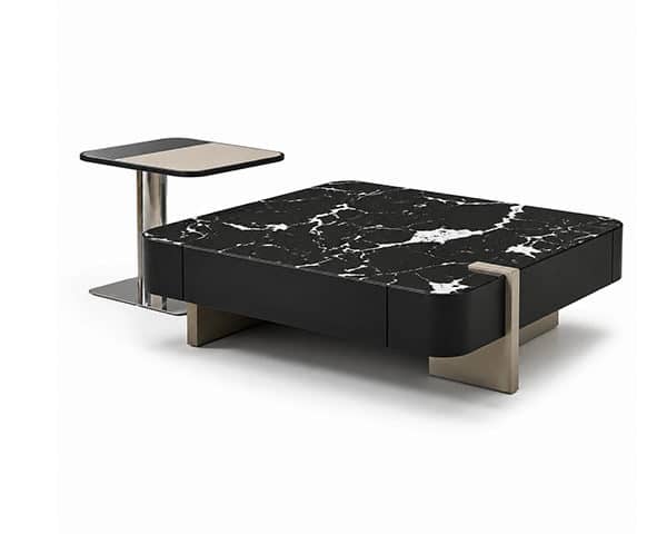TABLE BASSE EN MARBRE+VERRE REF 23A119 NOIR/ BLANC 88X78/50X50