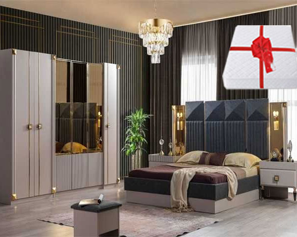 CHAMBRE A COUCHER 180X200 COMPLETE DORE BATTANTE CREME GRIS+MATELAS