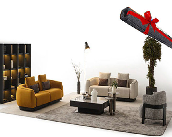 SALON EN TISSU 9 PLACES (4+3+1+1) MOON BEIGE/JAUNE/GRIS