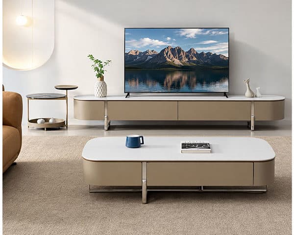MEUBLE TV REF 23A09+TABLE BASSE RF 23A09 BEIG/BLAN/MARON 220X40/130X7