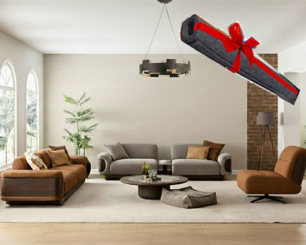 SALON TISSU 9 PLACES (4+3+1+1)+TABLE BASSE ARMIS MARON/GRIS+MOQUETTE