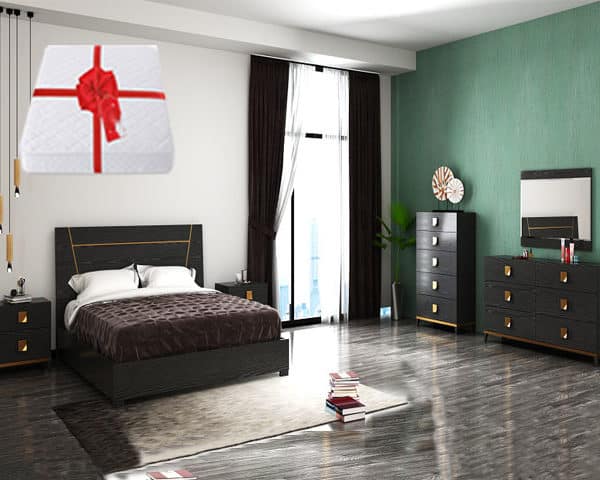 CHAMBRE A COUCHER 180X200 REF 0121 PORTES BATTANTE NOIR/GOLD+MATELA Z