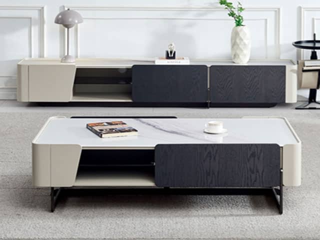 TABLE TV REF 2365/23A03+TABLE BASSE REF 23A03 BEIG/NOIR 220X40/130X70