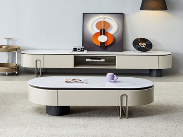 TABLE TV REF 23A22+TABLE BASSE REF 23A22 BEIG/GRI/BLANC 220X40/120X68