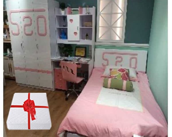 CHAMBRE A COUCHER ENFANT COMPLET 120X190 REF 886 ROSE/BLANC+MATELAS