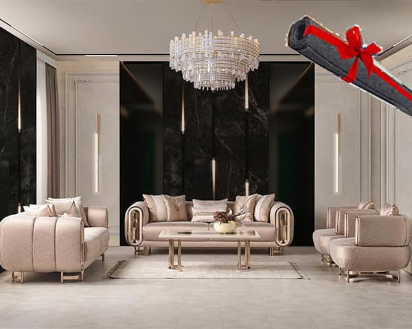 SALON TISSU 8 PLCES (3+3+1+1)+TABLEBASSE PERA BEIGE/MAR/DORE