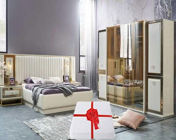 CHAMBRE A COUCHER 180X200 COMPLETE SOFIA BATTANTE BLANC/GRIS+MATELA