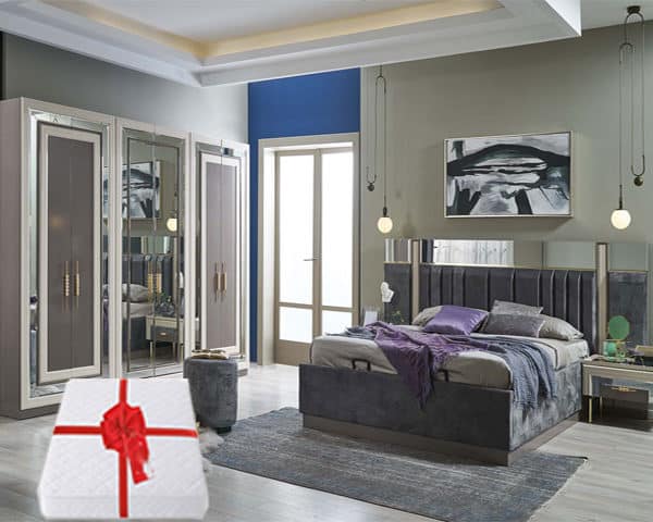 CHAMBRE A COUCHER 180X200 COMPLETE PORTES BATTANTES RUBY BEIGE GRIS