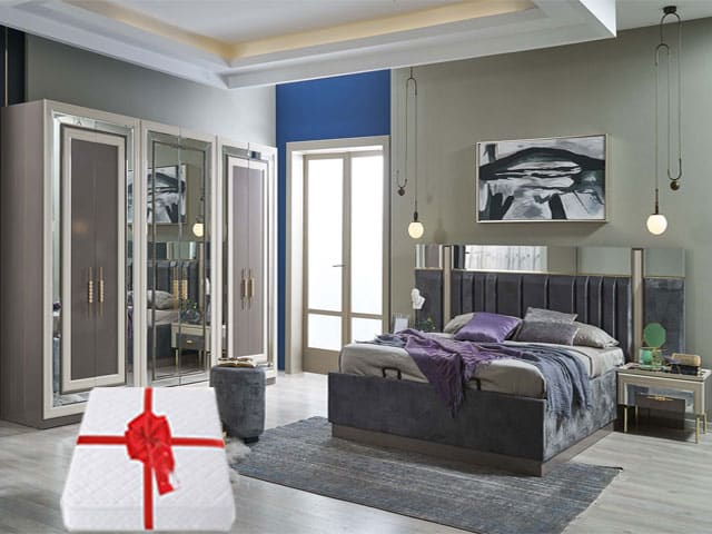 CHAMBRE A COUCHER 180X200 COMPLETE PORTES BATTANTES RUBY BEIGE GRIS