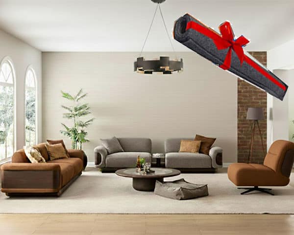 SALON TISSU 9 PLACES (4+3+1+1)+TABLE BASSE ARMIS MARON/GRIS+MOQUETTE