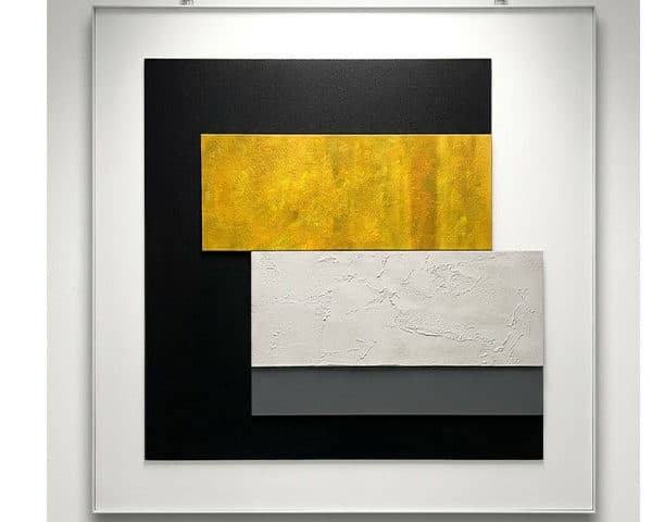 TABLEAU DE DECORATION REF 1581 BLANC/NOIR/JAUNE 105X105X20