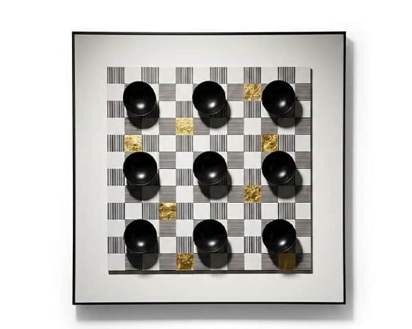 TABLEAU DE DECORATION REF 784 BLANC/NOIR/DORE 85X85X20