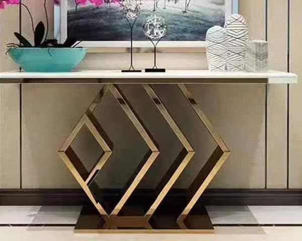 CONSOLE DE DECORATION EN VERRE REF H007 BEIGE DORE 1500x400x850