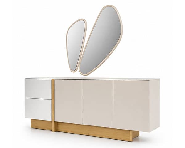 BUFFET+MIRROIR DEFNE COULEUR BEIGE/BLANCHE/DOREE