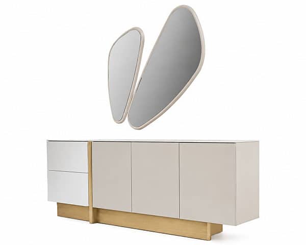 BUFFET+MIRROIR DEFNE COULEUR BEIGE/BLANCHE/DOREE