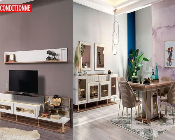 PACK MEUBLE TV ELSA 210*44*180+TABLE A MANGER 6P+BUFFET MAR/BEIG RE Z