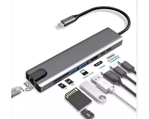 HUB 8 in1 4K UHD HDTV+PD+2USB+TYPE-C+SD+TF+RJ45
